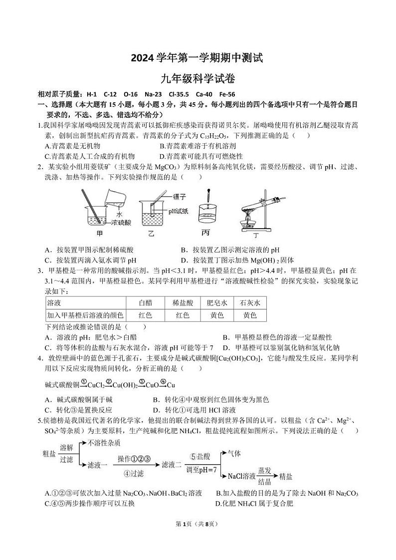 2024第一学期期中九年级科学试题卷第1页