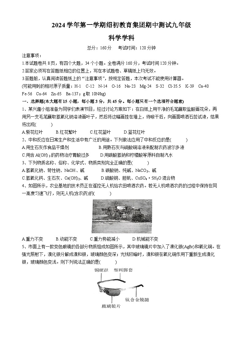 浙江省绍兴市绍初教育集团2024-2025学年九年级上学期期中测试科学试卷（1.1-3.4）第1页