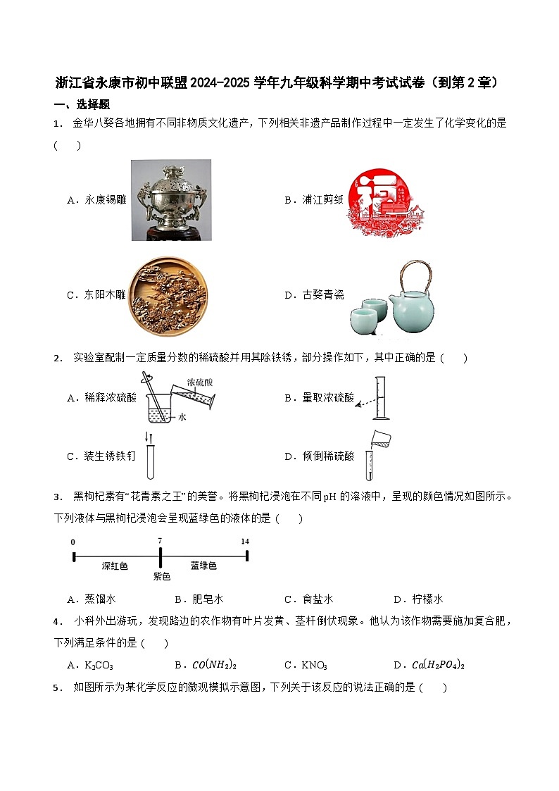浙江省永康市初中联盟2024-2025学年九年级上学期期中考试科学试卷（到第2章）第1页