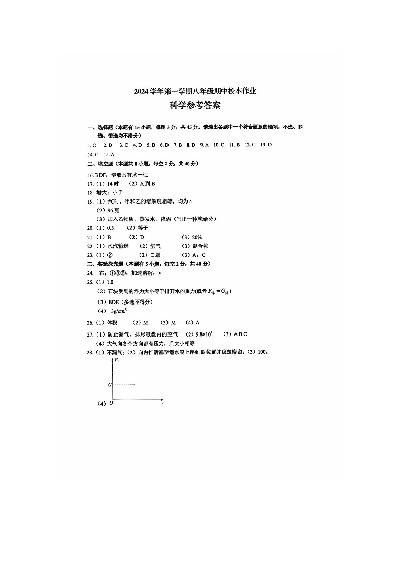 八年级科学答案第1页