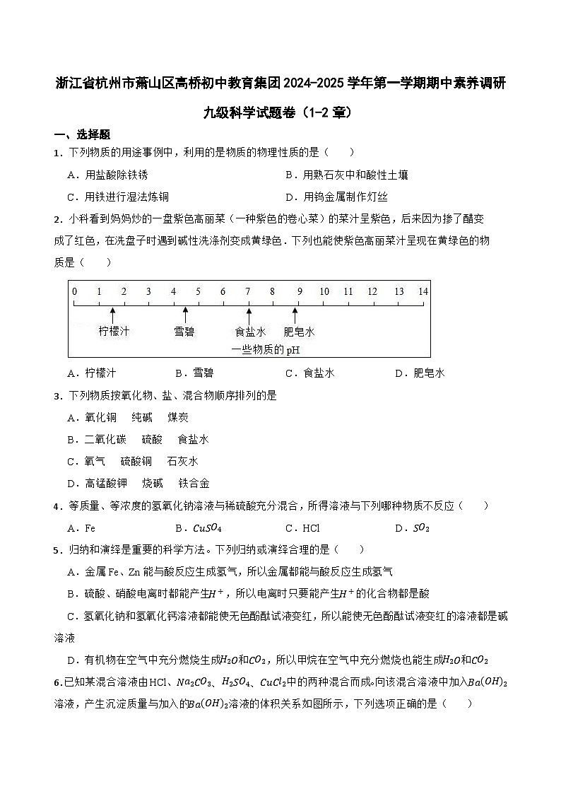 浙江杭州萧山区高桥初中教育集团2024-2025学年九年级上学期期中素养调研科学试卷第1页