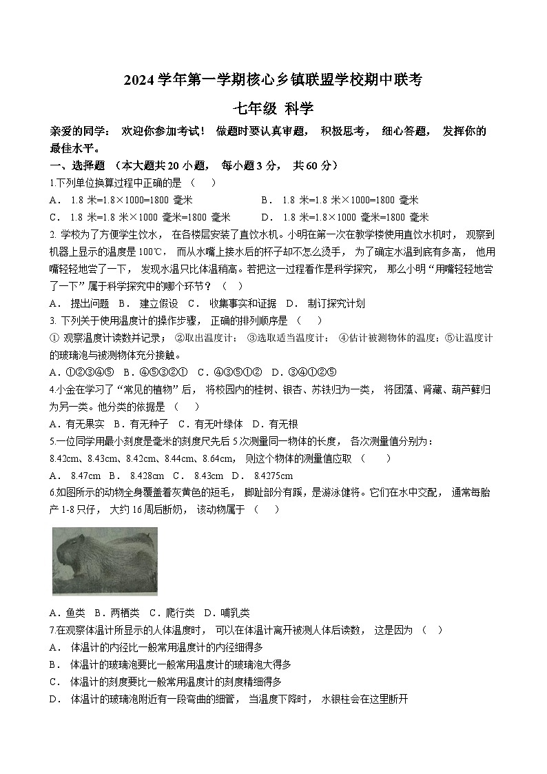 浙江省台州市仙居县核心乡镇联盟2024-2025学年七年级上学期期中联考科学试题01