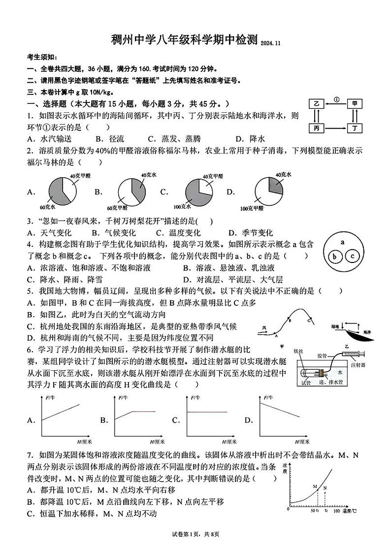 浙江省义乌市稠州中学2024-2025学年上学期八年级期中教学质量检测科学试题第1页