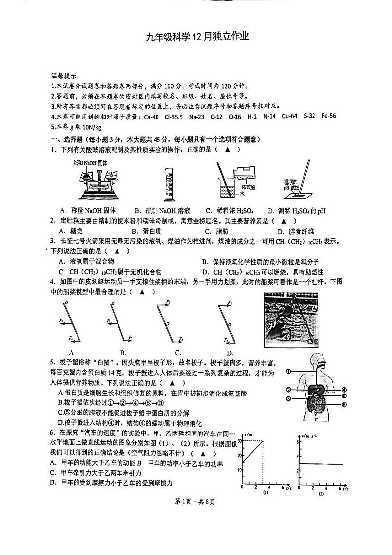 浙江省杭州市十三中教育集团2024-2025学年九年级上学期12月月考考试科学试题卷第1页