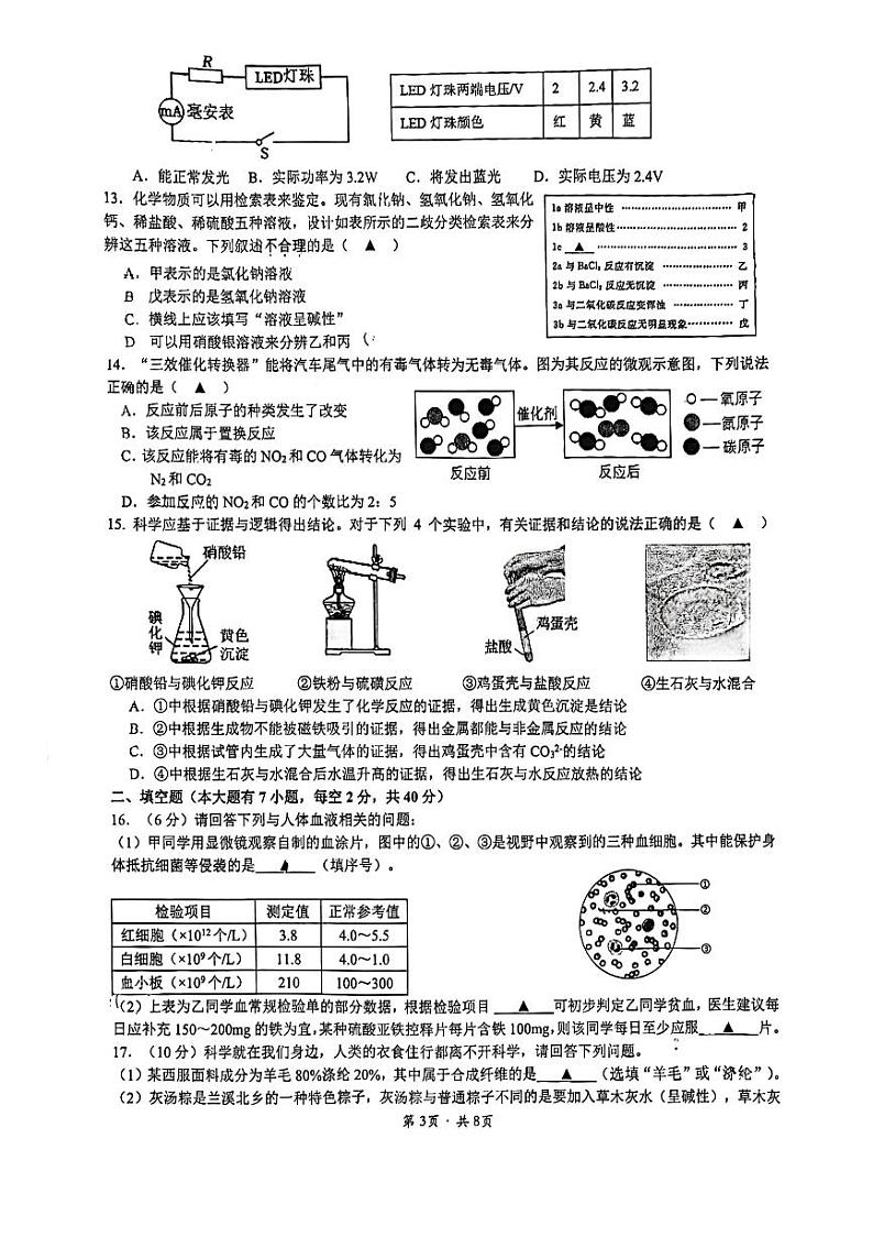 浙江省杭州市十三中教育集团2024-2025学年九年级上学期12月月考考试科学试题卷第3页