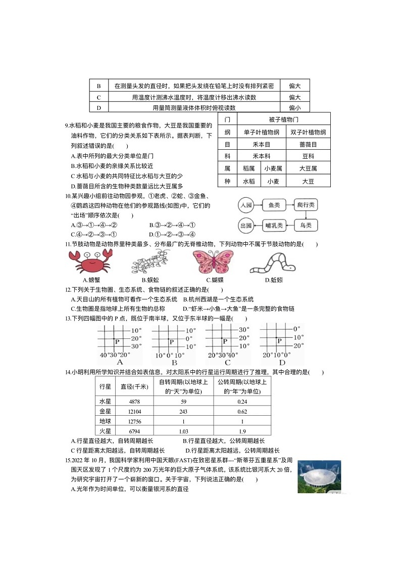 浙江省杭州市十三中教育集团2024-2025学年七年级上学期12月月考考试科学试题卷第2页