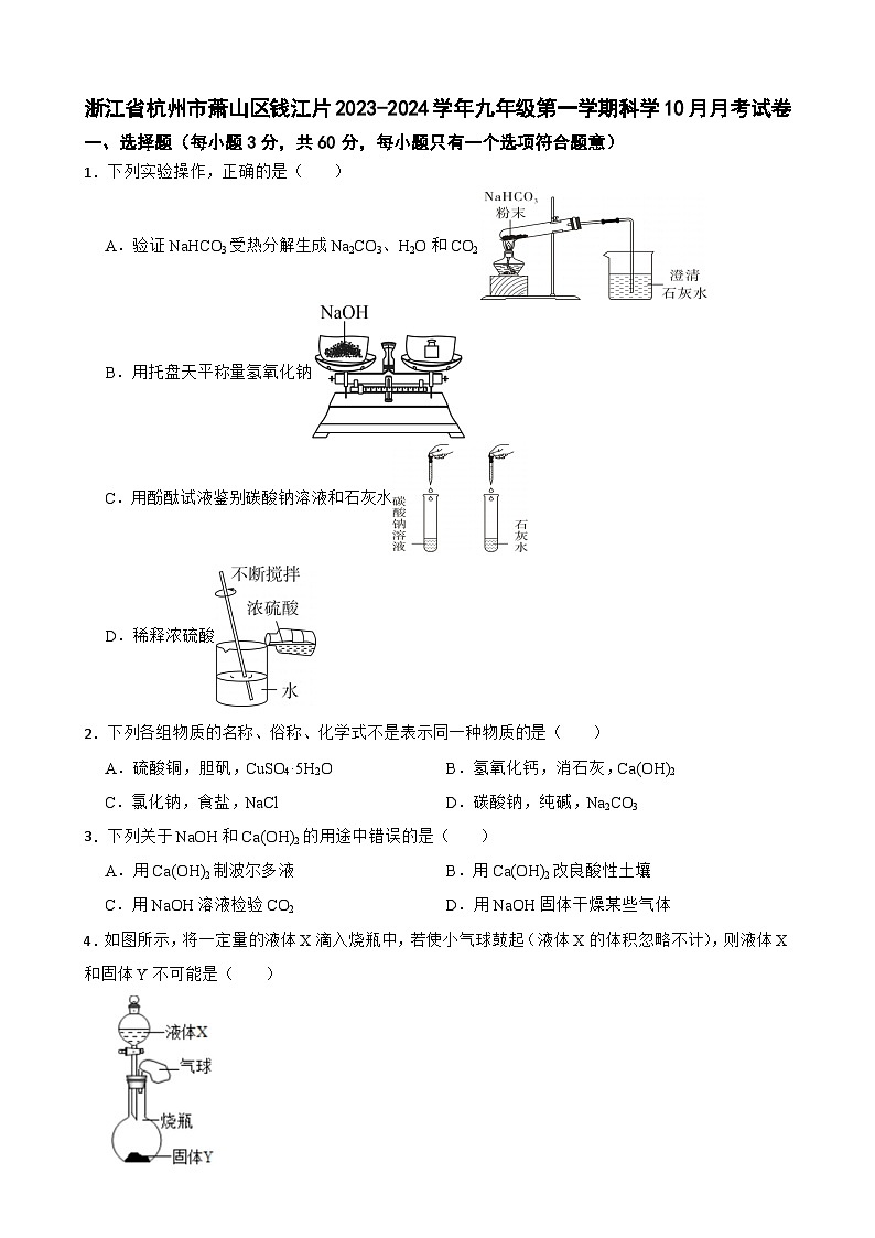浙江省杭州市萧山区钱江片2023-2024学年九年级上学期10月月考科学试卷-A4第1页