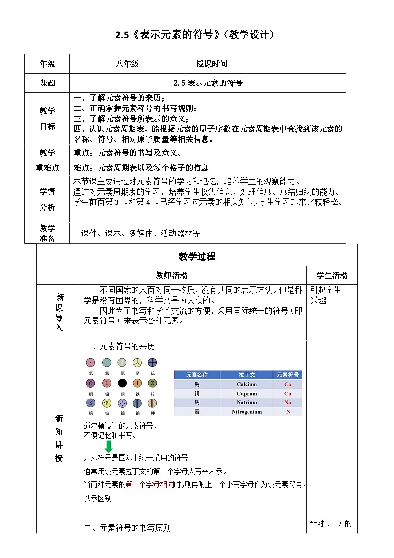 浙教版初中科学 八下第2章 微粒的模型与符号 2.5《组成物质的元素》教学设计第1页