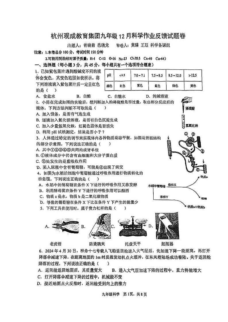 浙江省杭州市观城教育集团2024-2025学年九年级上学期12月月考科学试题第1页