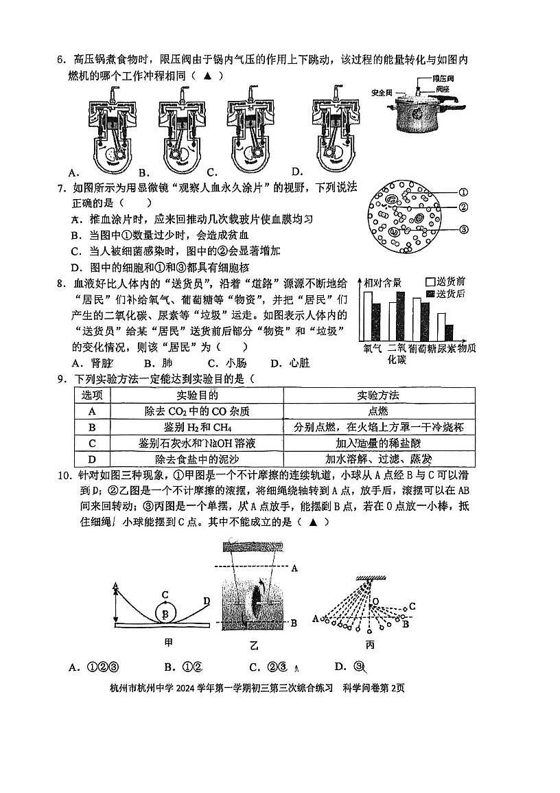 浙江省杭州市杭州中学2024 -2025学年九年级上学期第三次月考科学学科试题第2页