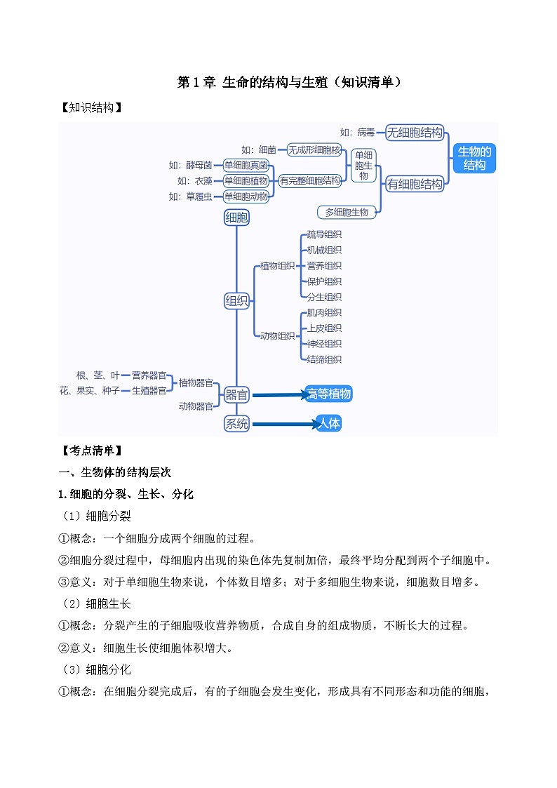 第1章 生命的结构与生殖（知识清单）-2024-2025学年七年级科学下册（浙教版2024）第1页