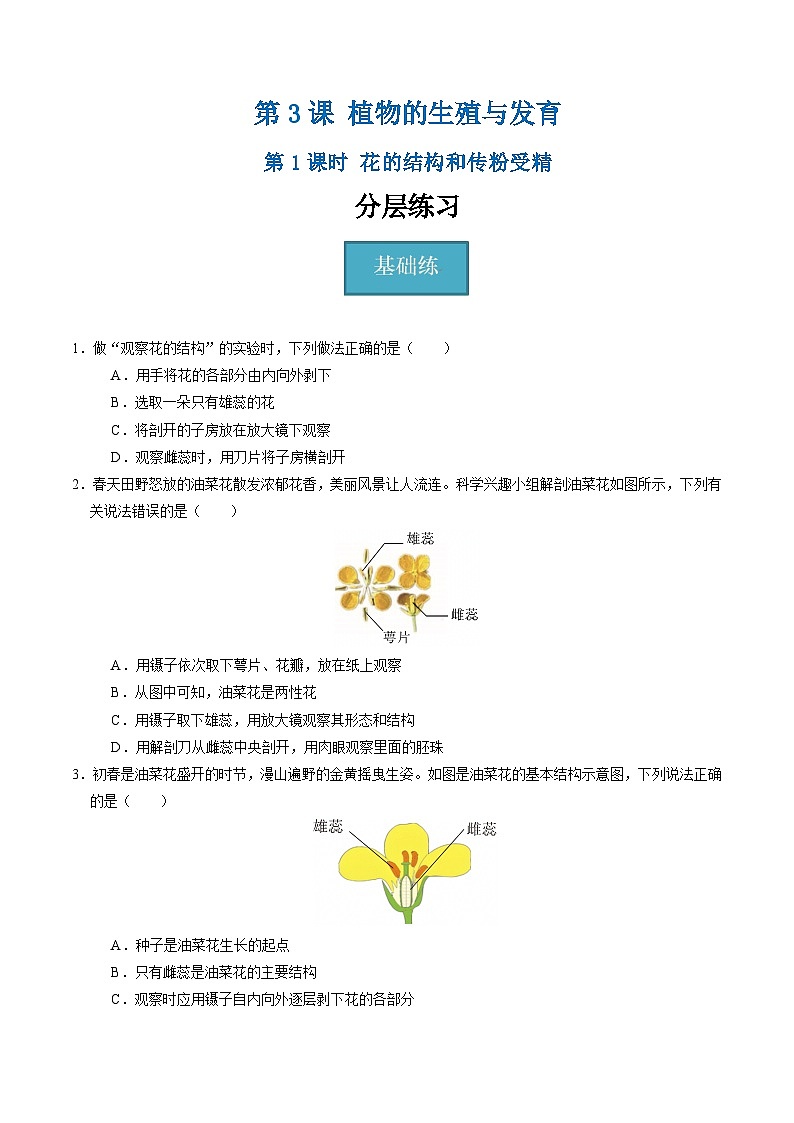1.3 植物的生殖与发育（第1课时）（练习）第1页
