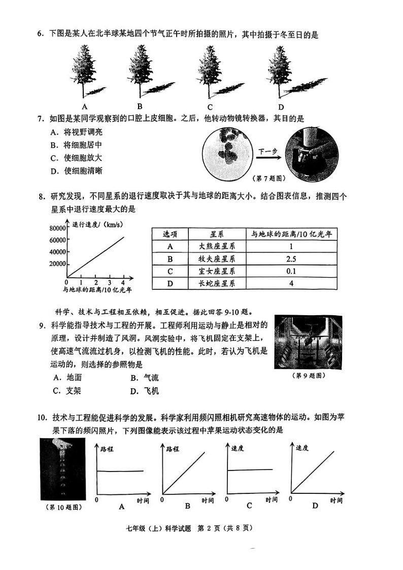 2025温州市七年级上学期期末科学试卷和参考答案第2页