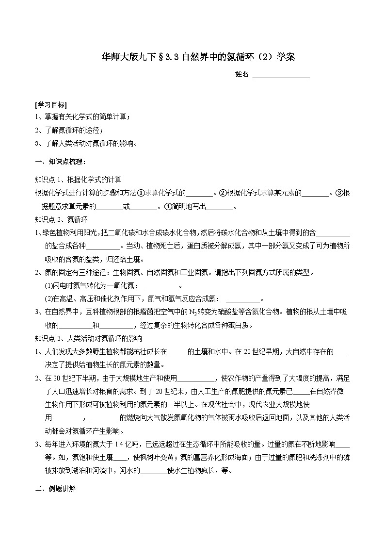 华师大版科学九下 3.3《自然界中的氮循环》第2课时 学案第1页