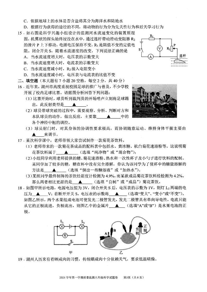 2025浙江省湖州市长兴县八年级上学期期末科学试卷和参考答案第3页