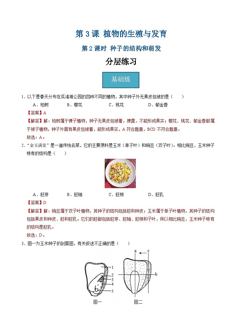 1.3 植物的生殖与发育（第2课时）（练习）（含答案解析）第1页