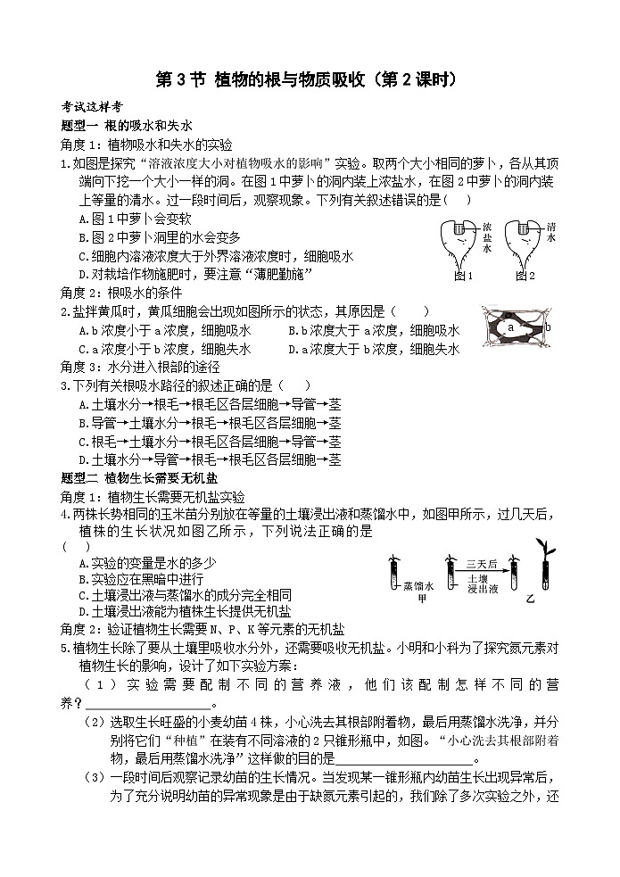 浙教版科学八下 4.3《植物的根与物质吸收》第2课时 练习第1页