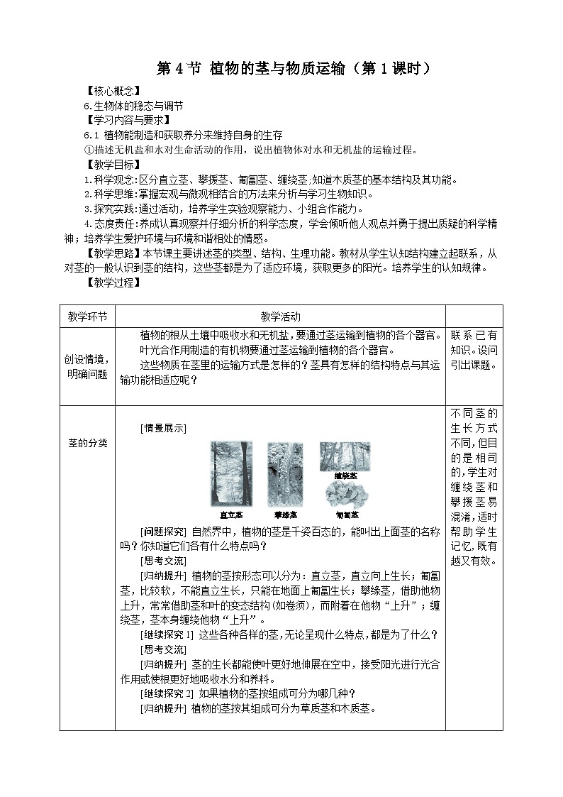 浙教版科学八下 4.4《植物的茎与物质运输》第1课时 教案第1页