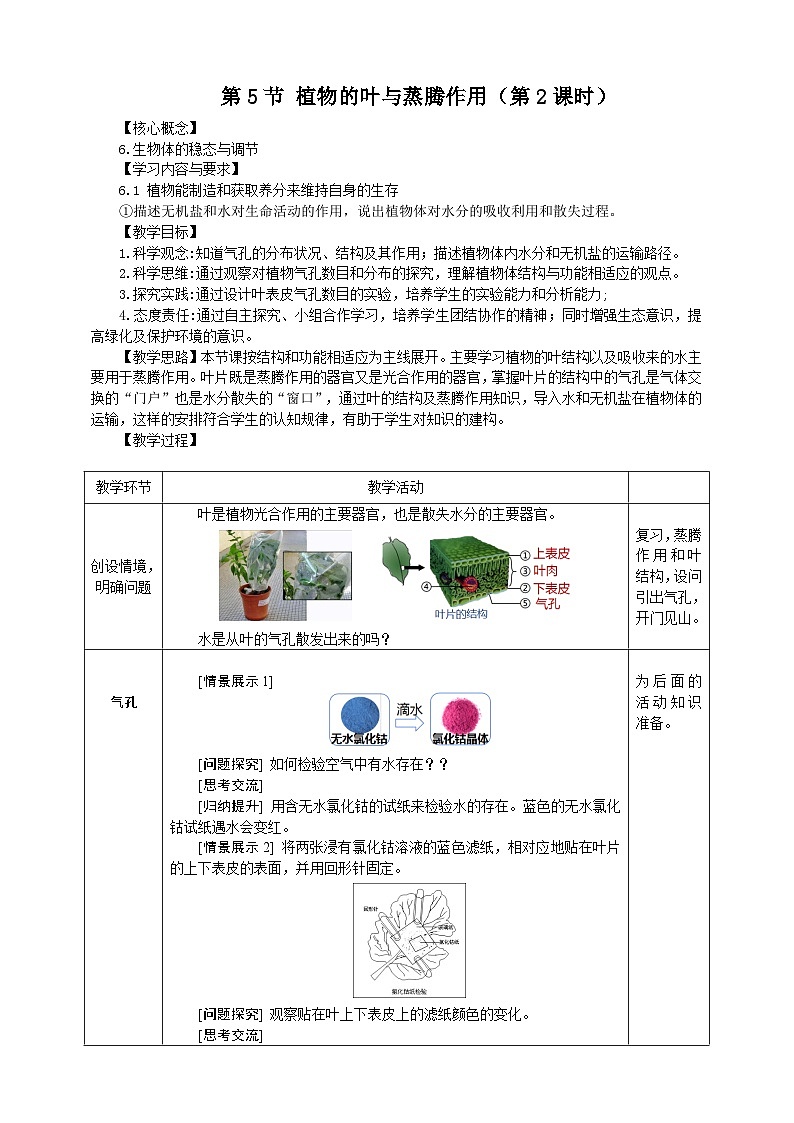 浙教版科学八下 4.5《植物的叶与蒸腾作用》第2课时 教案第1页