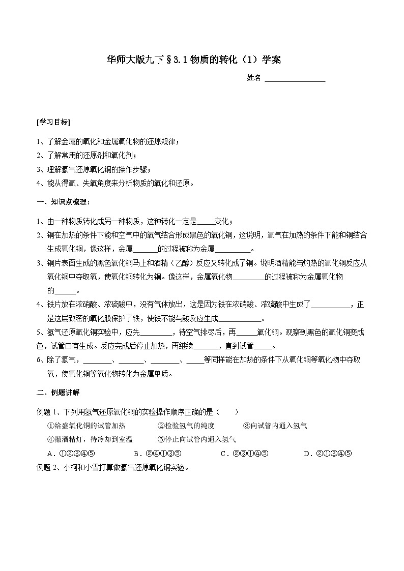 华师大版科学九下 3.1《物质的转化》第1课时 学案第1页