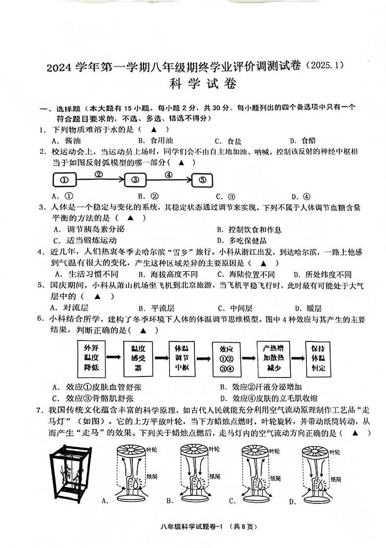 浙江省绍兴市柯桥区2024-2025学年八年级上学期期末科学考试第1页