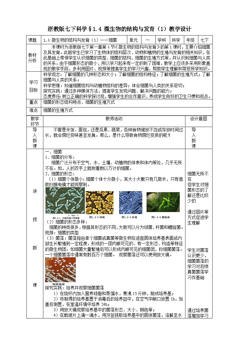 浙教版七下科学 1.4 微生物的结构与发育（1）教学设计（表格式）第1页