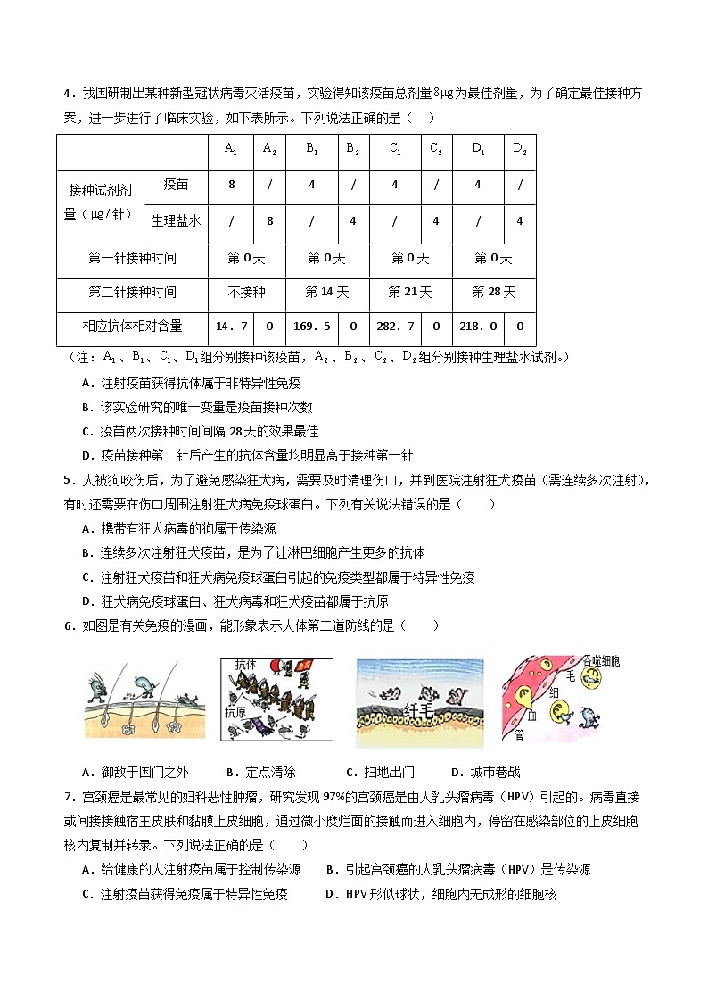 【核心素养】浙教版科学九年级下册 3.3身体的防卫（分层练习）（原卷版)第2页