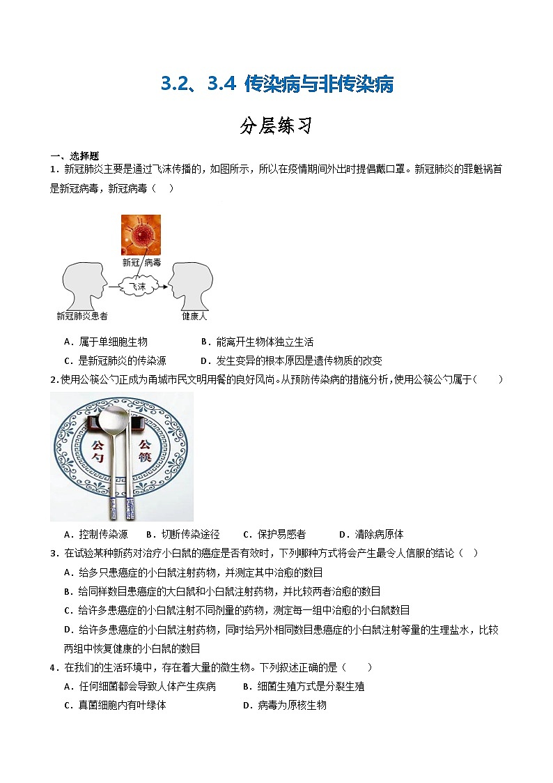 【核心素养】浙教版科学九年级下册 3.2、3.4传染病与非传染病（分层练习）（原卷版)第1页