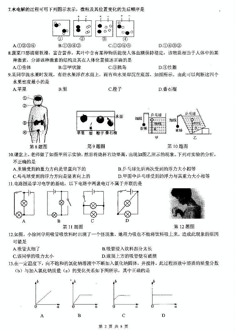 浙江省宁波市余杭区2024-2025学年八年级上学期科学期末测试卷第2页