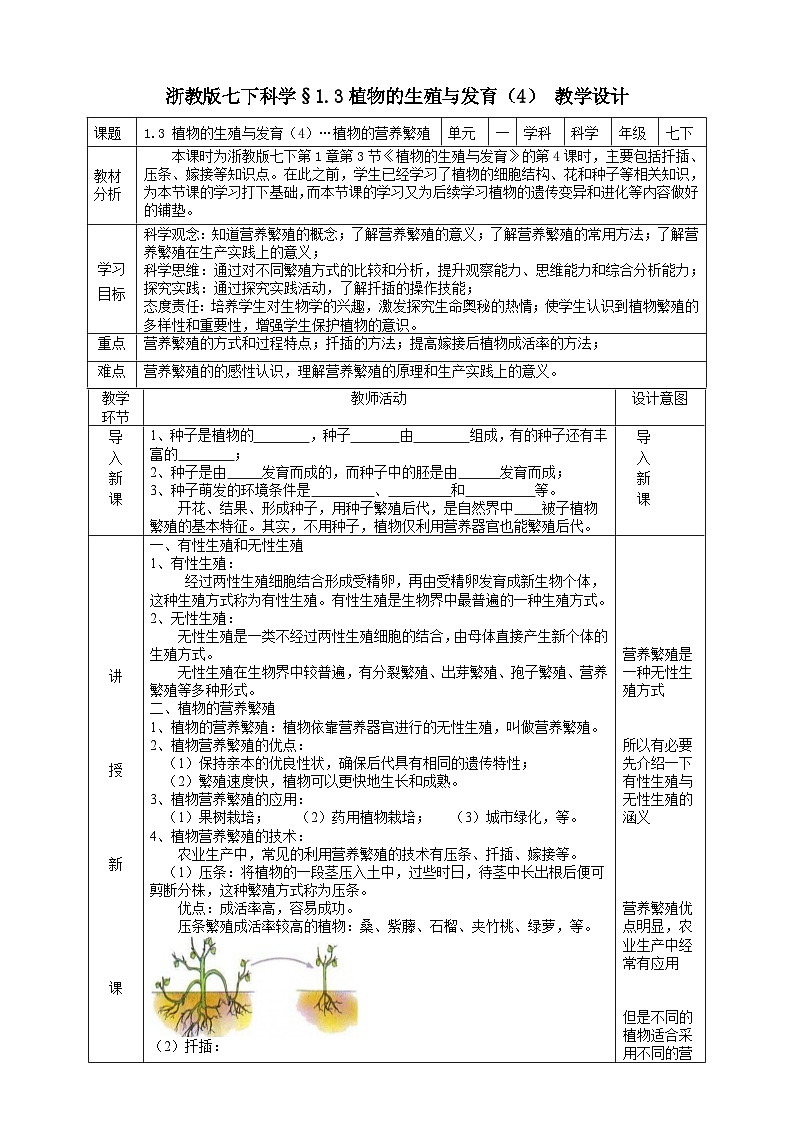 浙教版七下科学 1.3 植物的生殖与发育（4）教学设计（表格式）第1页