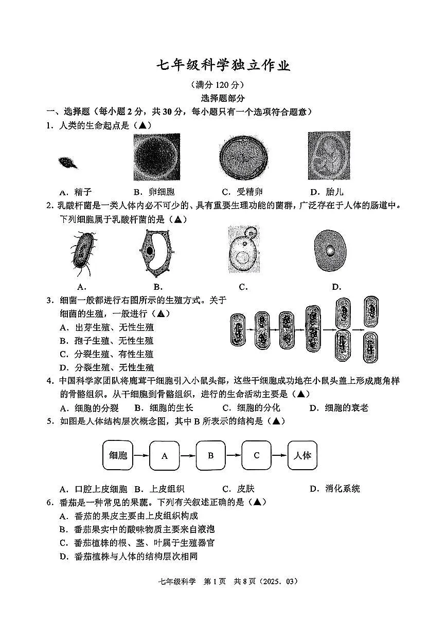 浙江省湖州市德清县部分学校2024—2025学年七年级第二学期第一次月考科学试卷第1页