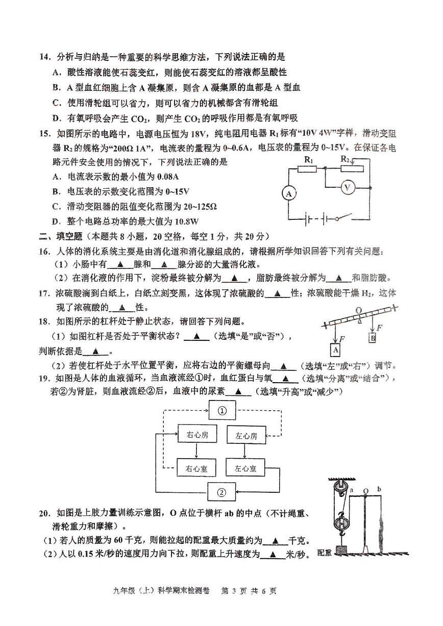 嘉兴平湖市2024学年初三第一学期期末模拟检测科学试卷第3页