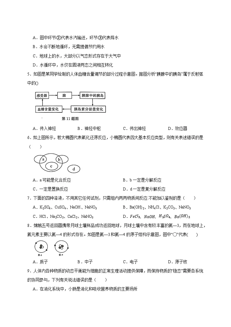 2024-2025学年浙江省温州市九年级下册开学摸底考试科学检测试卷（附答案）第2页