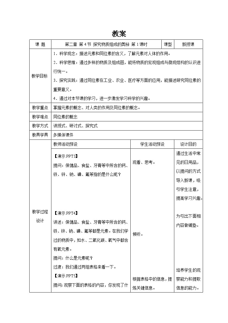 第二章第4节 探究物质组成的奥秘  第1课时 教案 科学浙教版（2024）七年级下册第1页