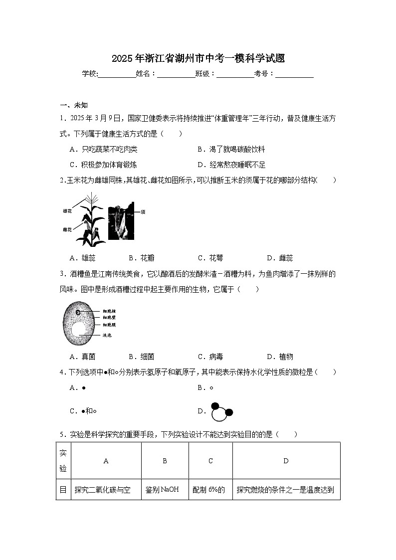 2025年浙江省湖州市中考一模科学试题（无答案）第1页