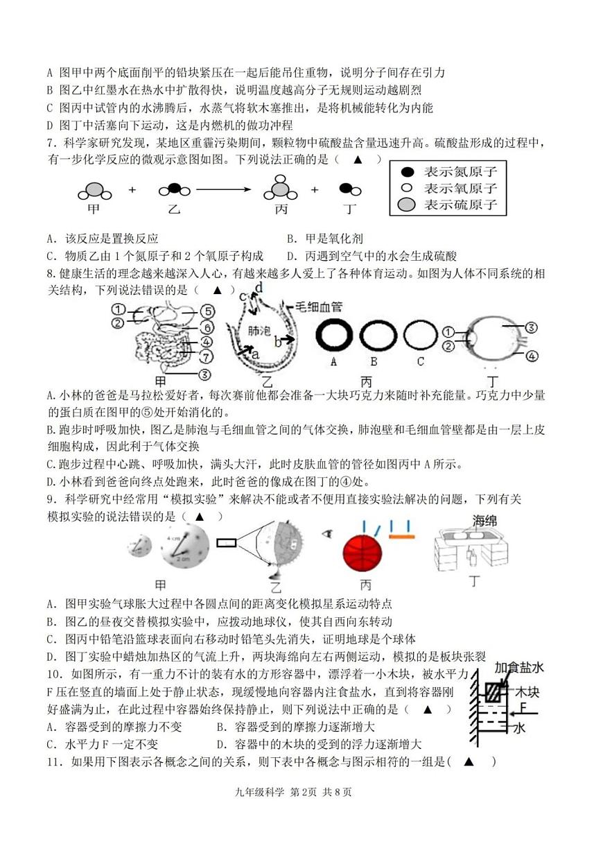 浙江省绍兴市绍初教育集团2024-2025学年下学期5月九年级大单元教学效果检测科学试题(二模)（中考模拟）第2页