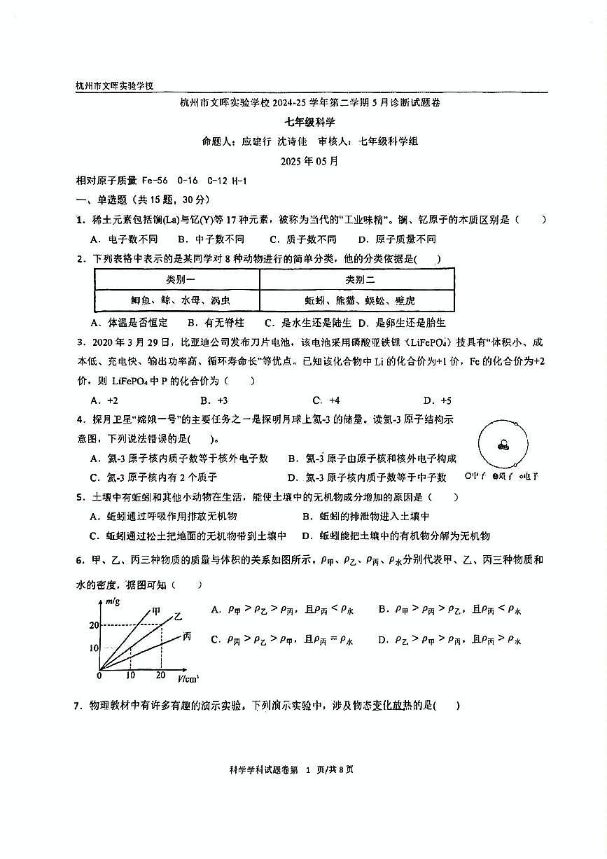 浙江省杭州市文晖实验学校2024-2025学年七年级下学期月考科学试卷第1页