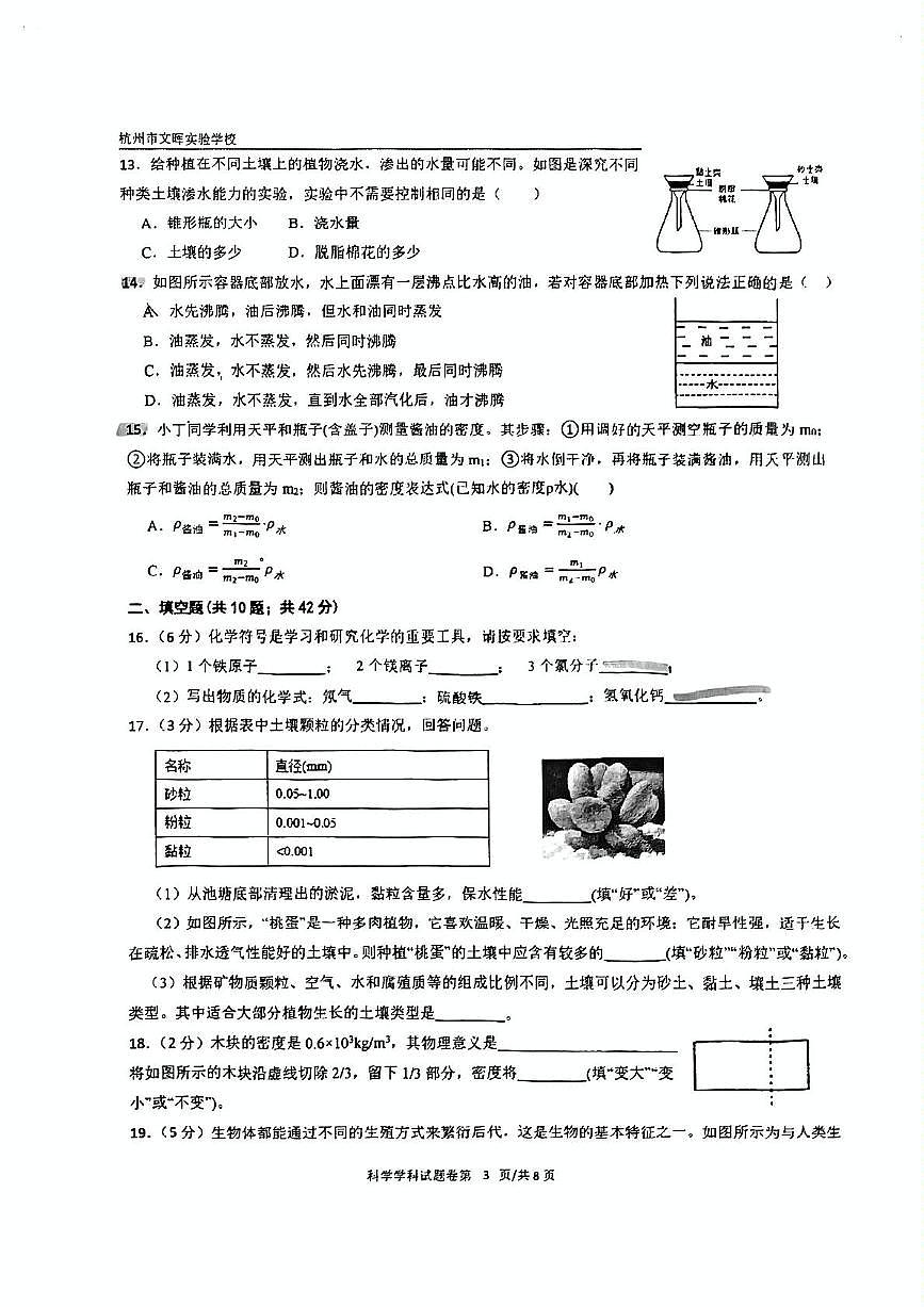 浙江省杭州市文晖实验学校2024-2025学年七年级下学期月考科学试卷第3页