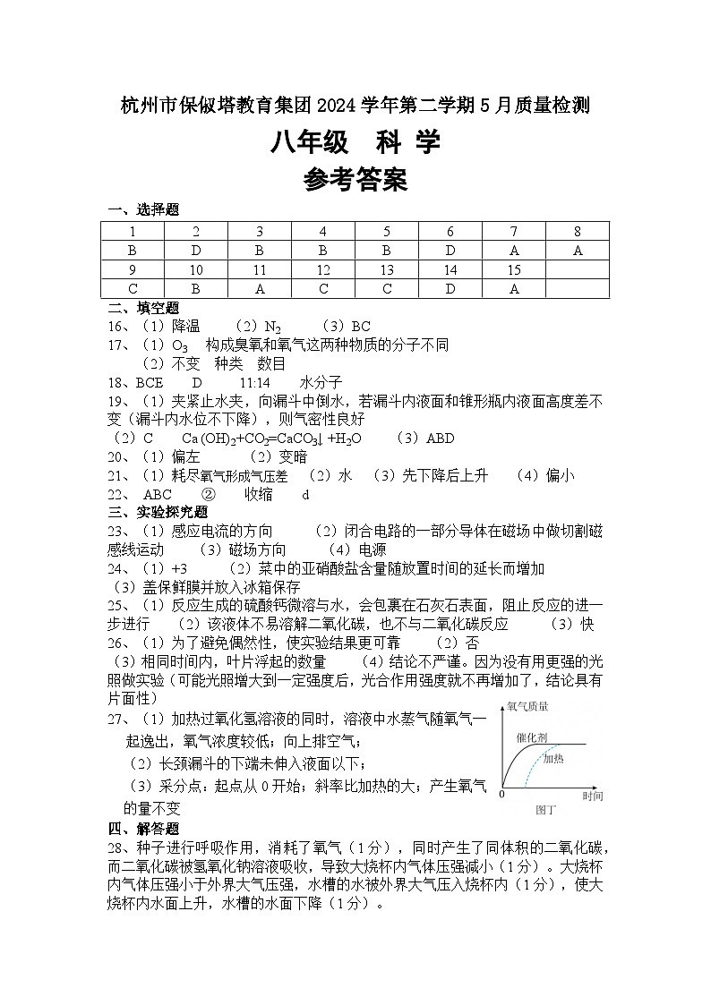 2024学年第二学期五月质量检测科学参考答案第1页