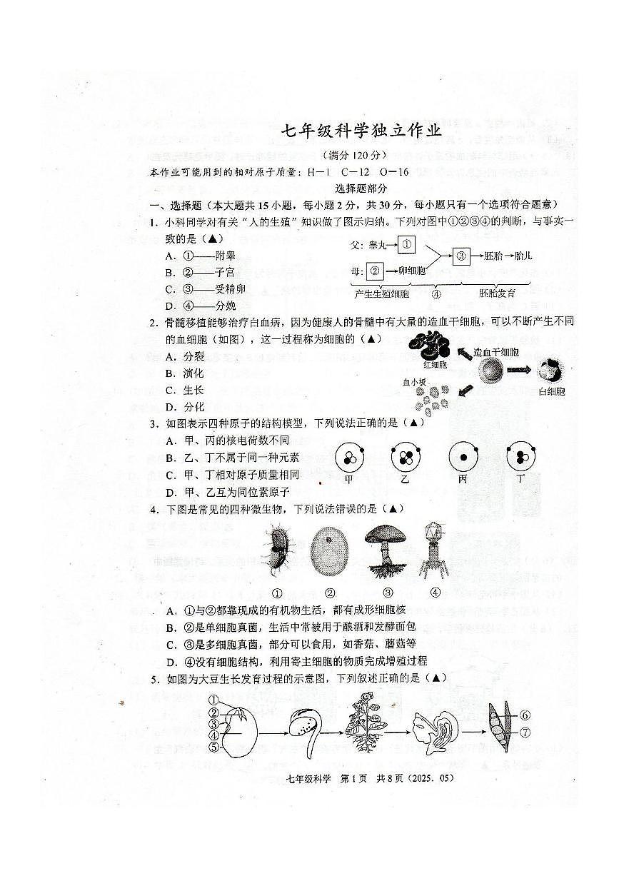浙江省杭州市临平区联盟学校2024-2025学年七年级下学期5月月考科学卷第1页