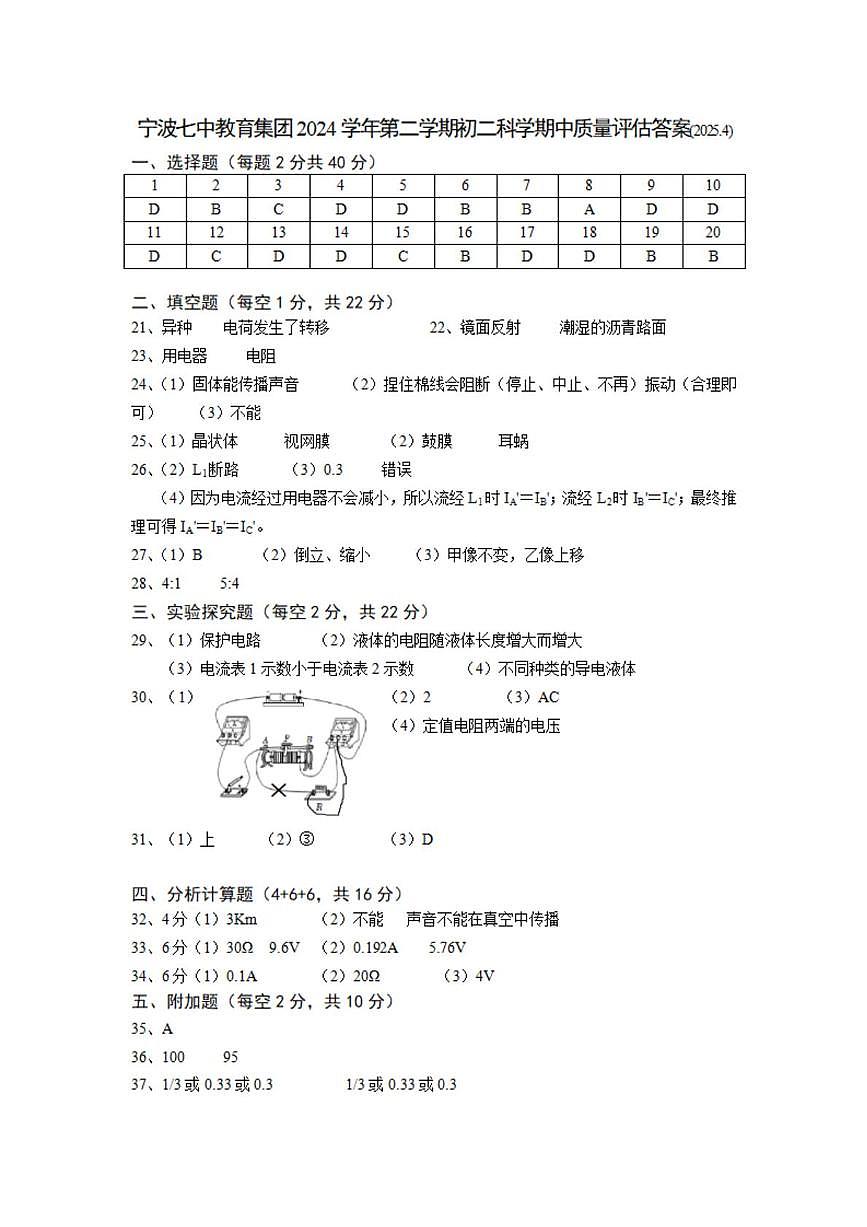 2024-2025学年第二学期宁波七中八年级期中考试科学试卷 科学答案第1页