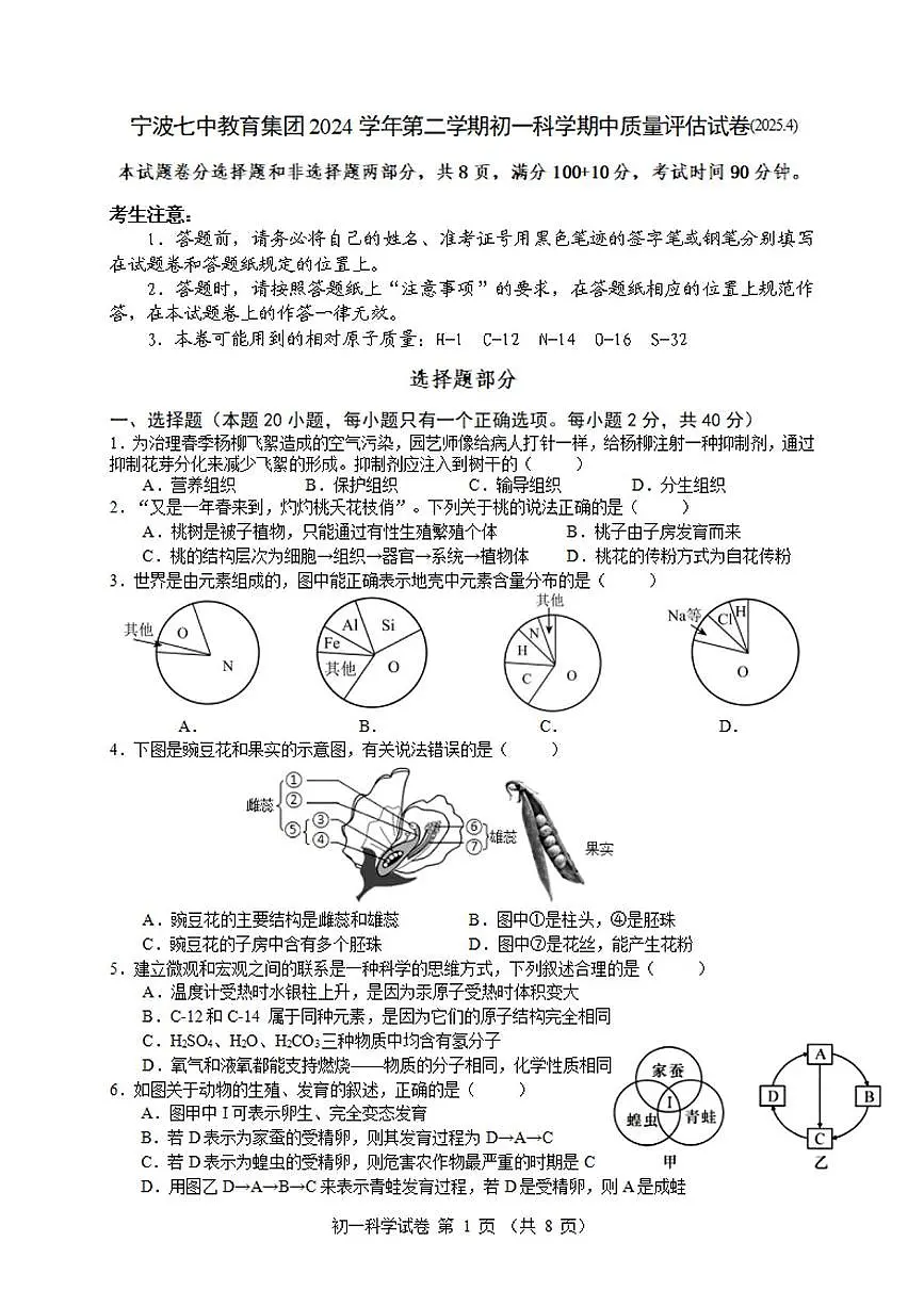 2024-2025学年第二学期宁波七中七年级期中考试科学试卷 2024-2025学年第二学期宁波七中七年级期中考试科学试卷第1页