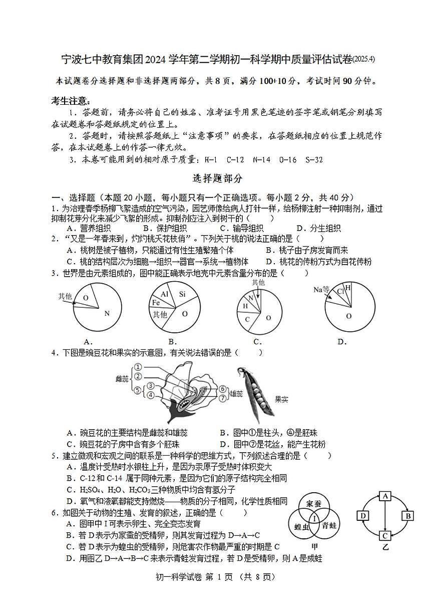 2024-2025学年第二学期宁波七中七年级期中考试科学试卷 2024-2025学年第二学期宁波七中七年级期中考试科学试卷第1页