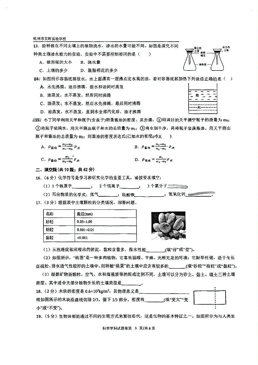 浙江省杭州市文晖实验学校2024-2025学年七年级下学期月考科学试卷（扫描版，含答案）第3页