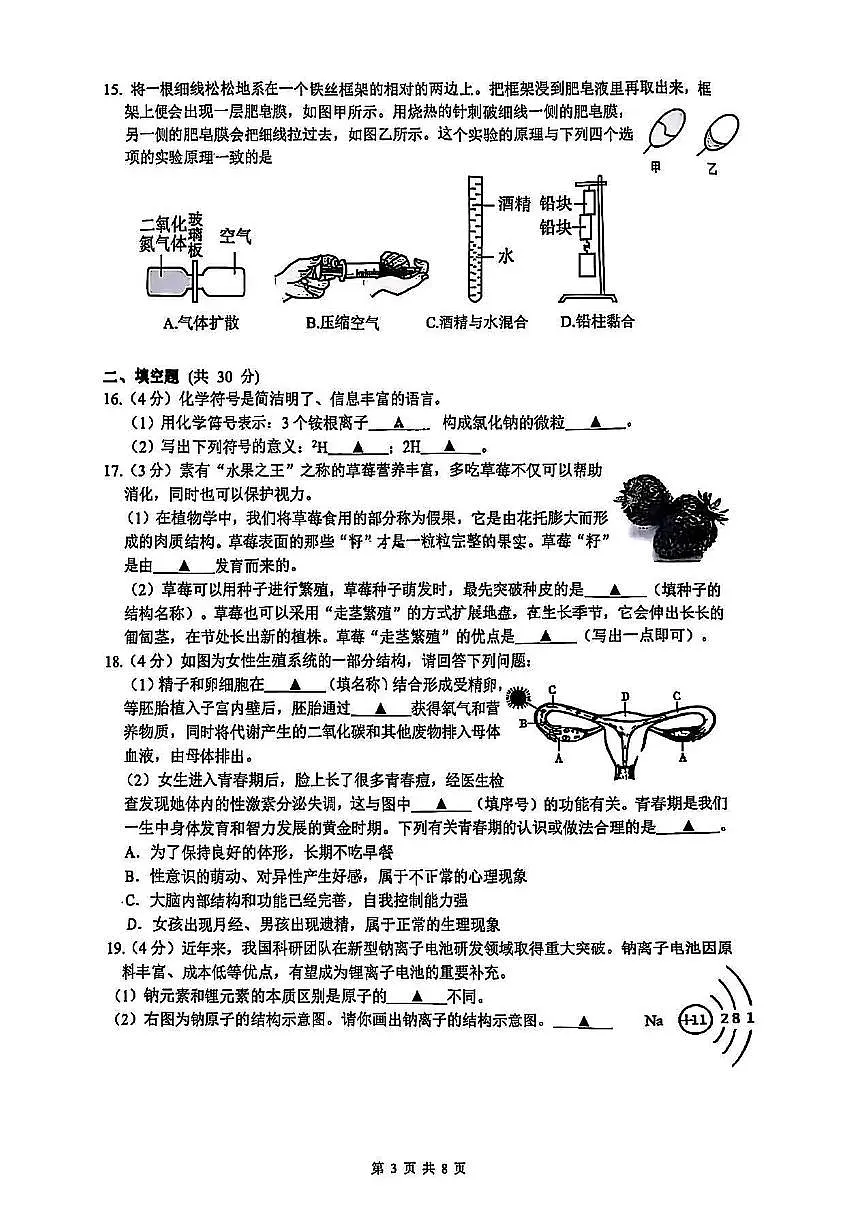 2025年6月杭州市滨江区七下科学期末卷及答案第3页