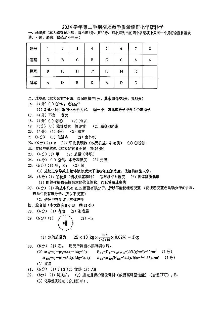试卷擦除_2024学年第二学期期末教学质量调研七年第1页