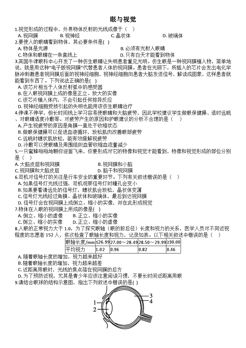 浙教版（2024）初中科学 八年级上册 第一章专题突破 感觉世界 同步练习第1页