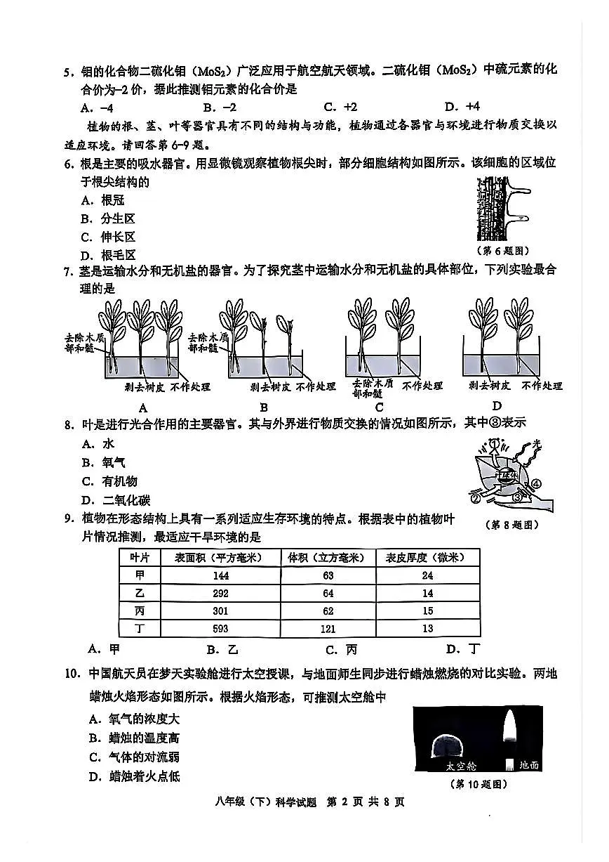 2025年6月温州市八下科学期末卷试题和答案第2页
