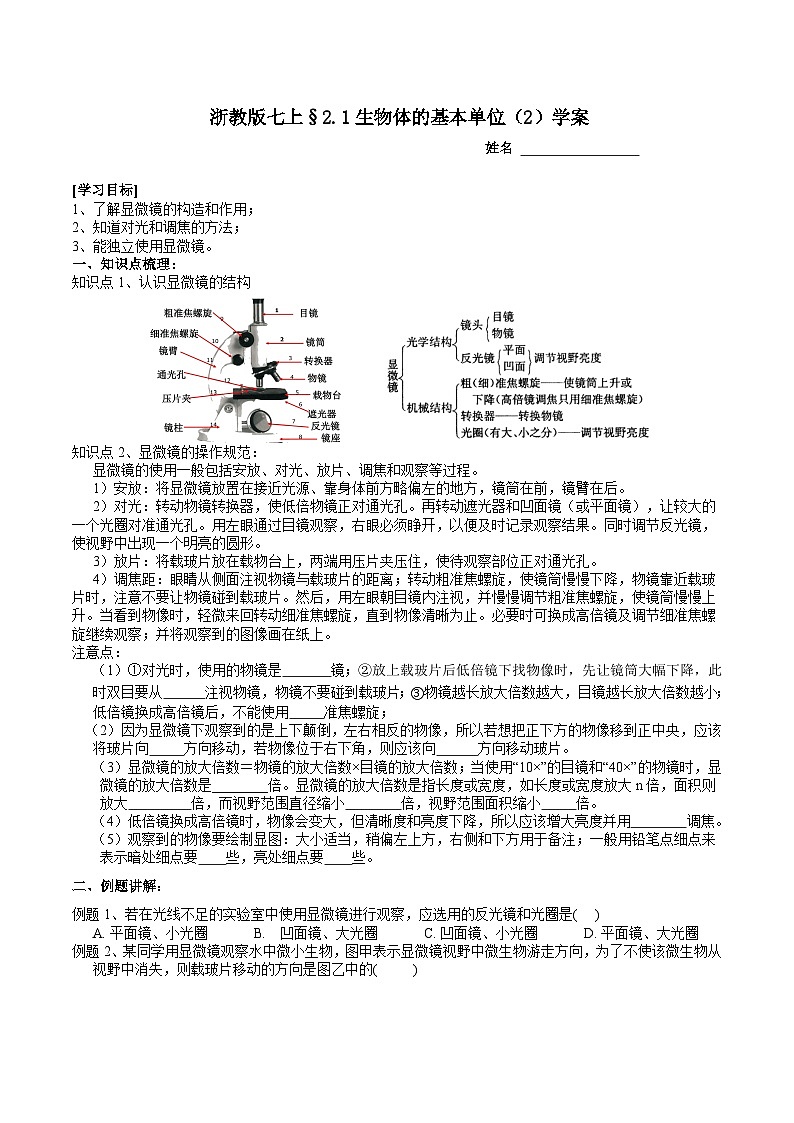浙教版（2024版）初中科学七年级上册 2.1生物体的基本单位（2）学案第1页