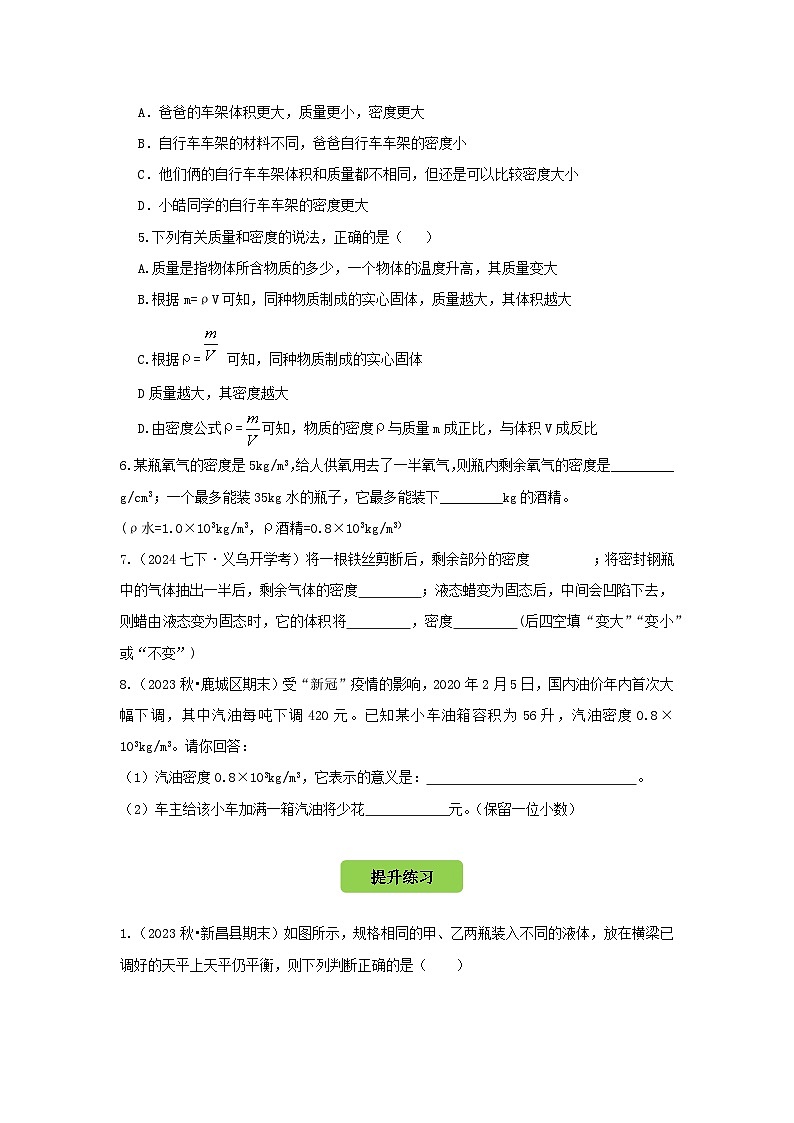 七下新浙教版（2024）初中科学 第3章物质的特性3.1《质量与密度》第3课时  分层练习-原卷版第2页